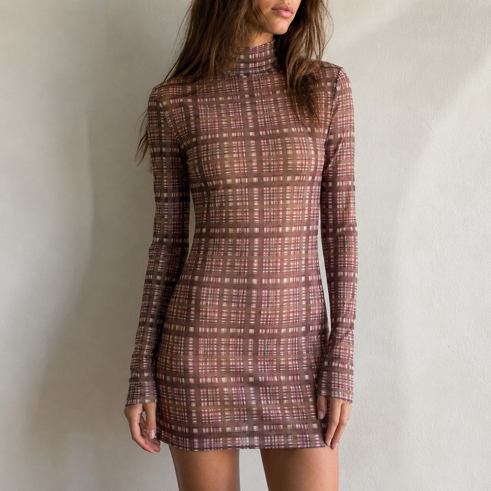 Atoir Brown Pink Plaid Mesh Mini Dress Lara Worthington Turtleneck XS 90s Y2K